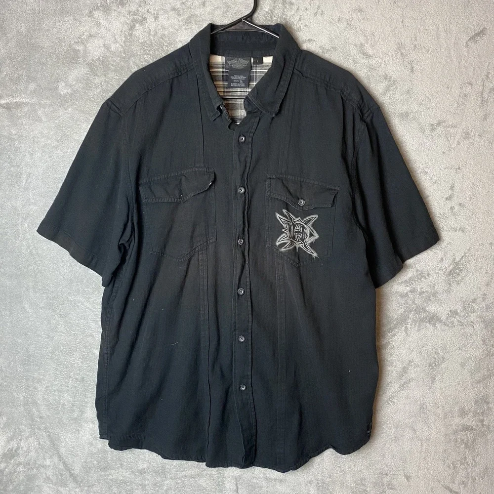Harley-Davidson Mens L Short Sleeve Black Button-Up Shirt Cotton